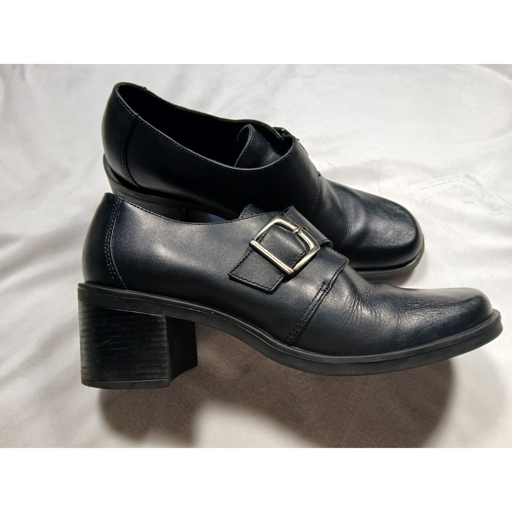 VTG 90s G.H. Bass Latina Chunky Heel Loafers Black Leather Buckle Shoes 7.5